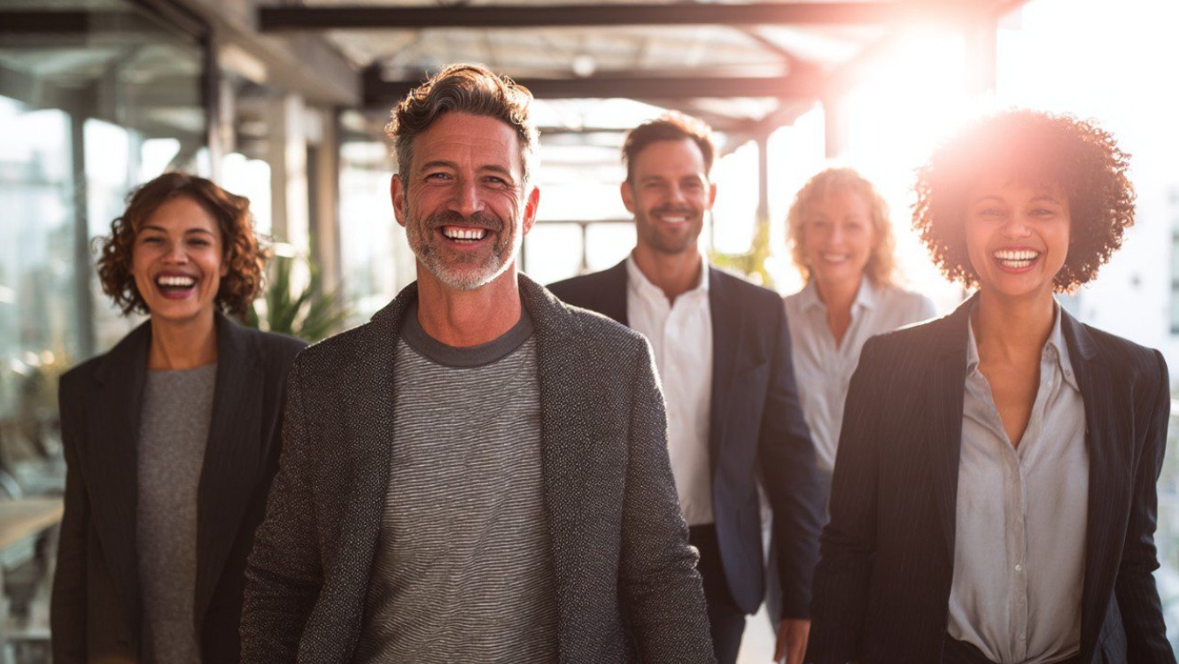 Profissionais sorrindo em ambiente de trabalho saudável